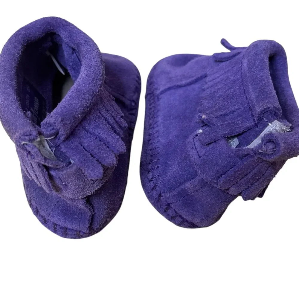 Minnetonka Infant Suede Fringe Moccasins Booties Shoes Girl Purple 3